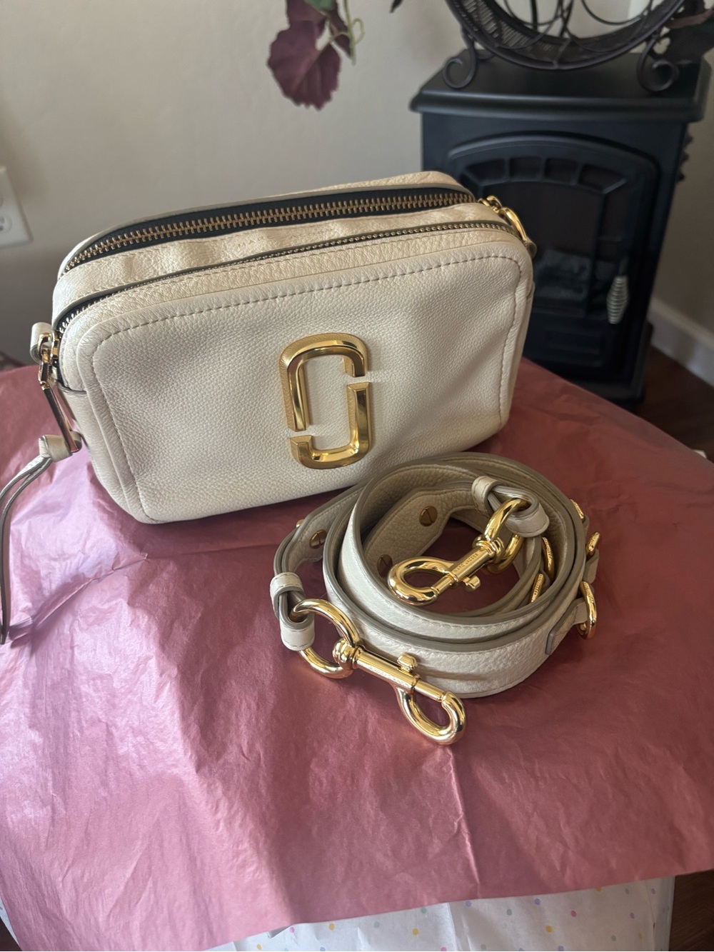 Marc Jacobs Cream Double-Zip Crossbody with Gold Hardware